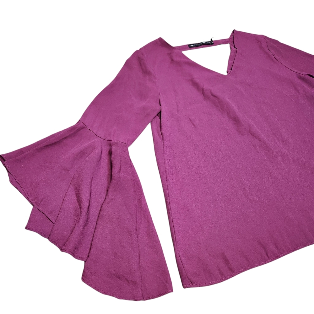 White House Black Market Dramatic Purple Bell Sleeve‎ Drape Back Blouse Top 6 M - Picture 5 of 15